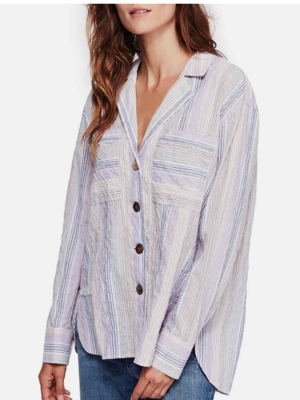 Free People Crinkle Striped Button-Down Shirt - Lavender & Cream